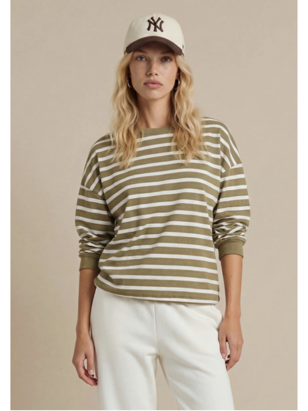 Women's CAARA Long Sleeve Striped Tee Olive and White Size S - Picture 2 of 7